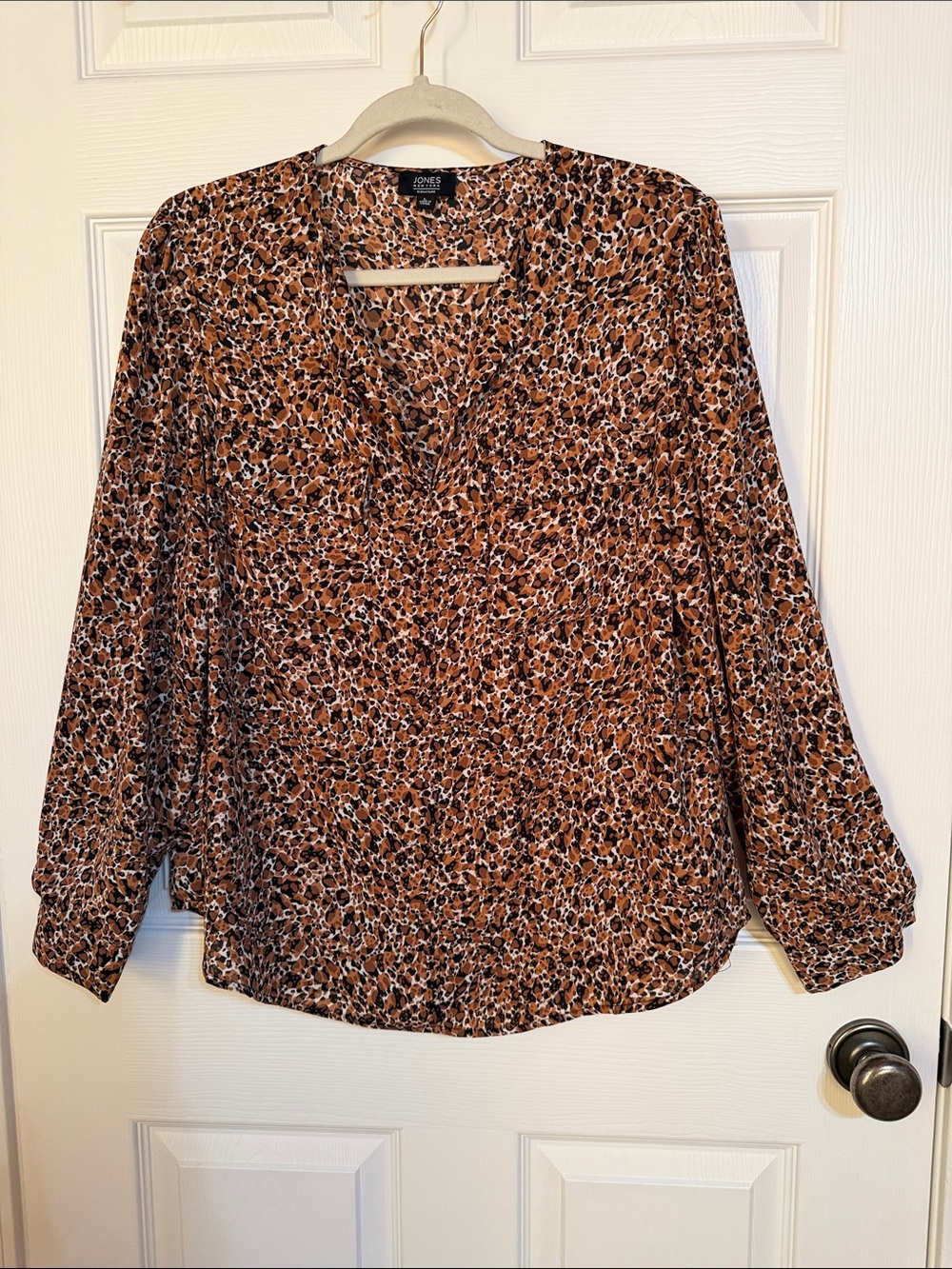 Jones New York Brown and Black Leopard Print V-Neck Blouse